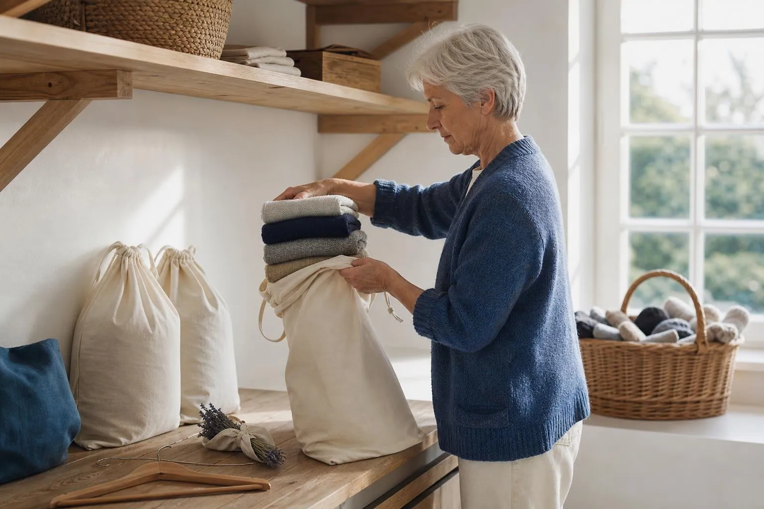 Femme de soixante ans rangeant des lainages pliés dans des housses en coton sur une table de buanderie claire au changement de saison
