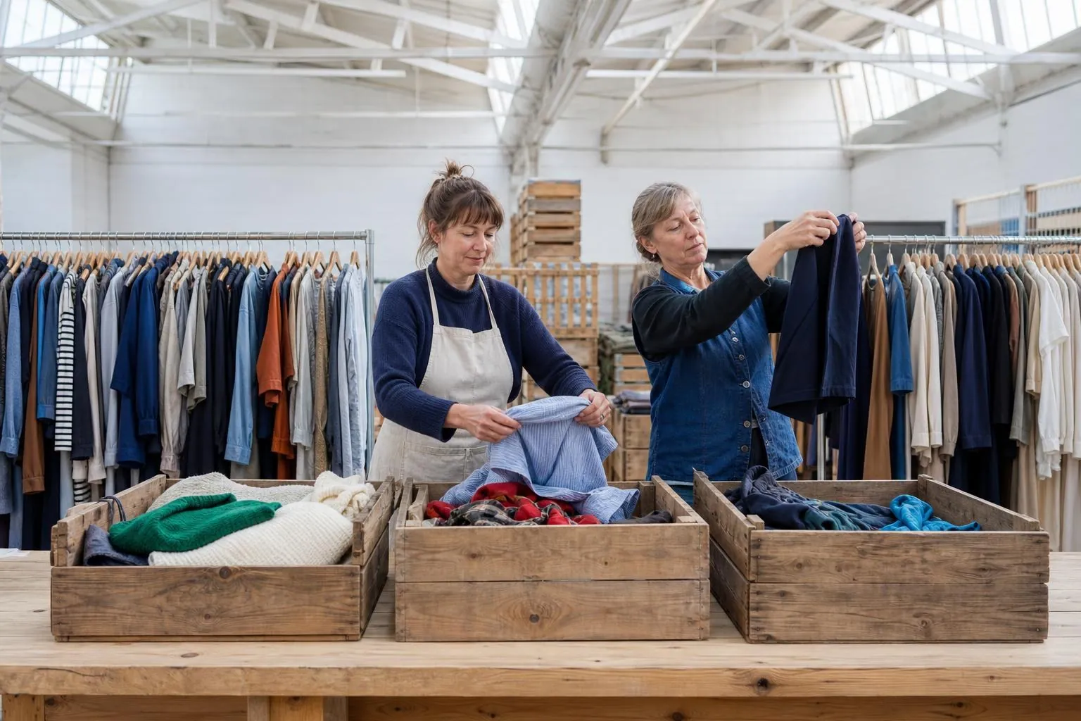 Deux femmes trient des vêtements dans des bacs de bois au comptoir d’une ressourcerie très claire, portants garnis derrière elles