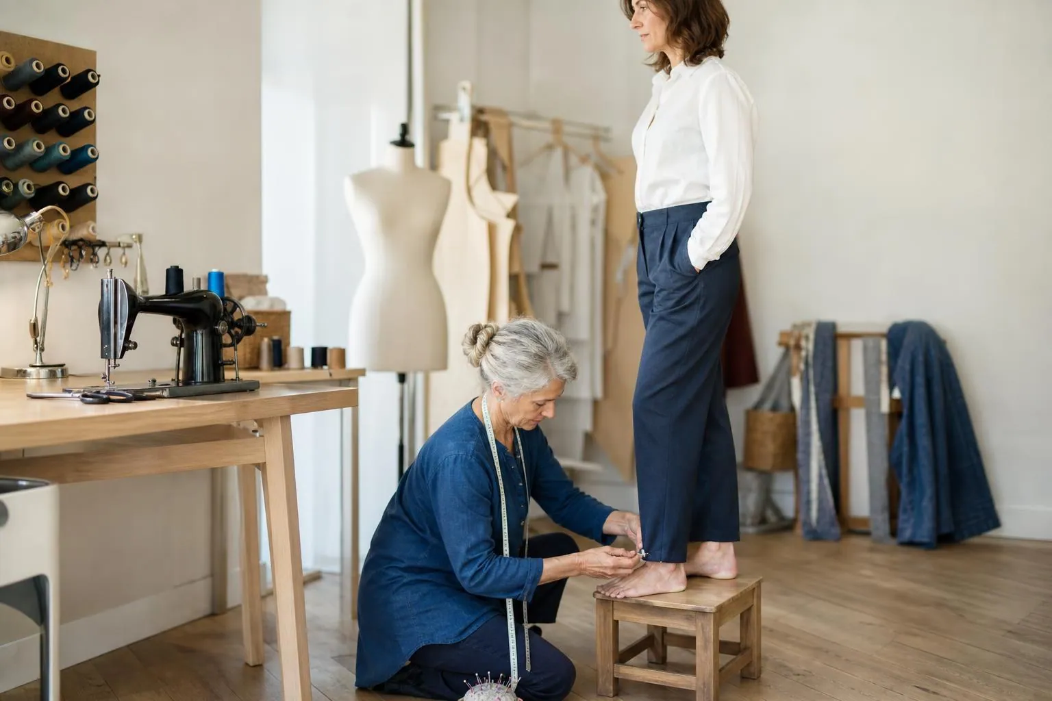 Une couturière épingle l’ourlet d’un pantalon indigo sur une cliente debout dans un atelier de retouche très clair