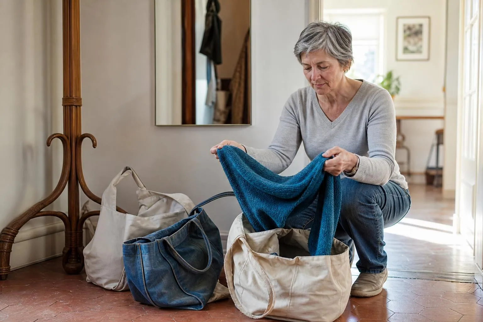 Trois sacs en toile posés contre le mur d’une entrée claire, une femme de la cinquantaine en rouvre un et en ressort un pull