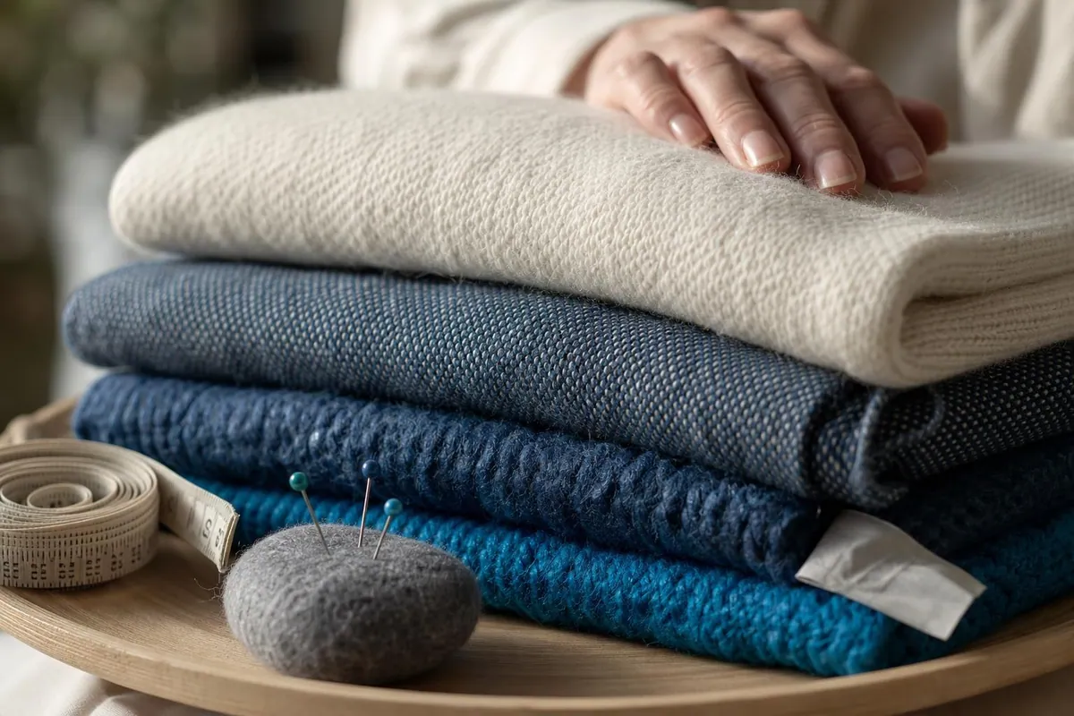 Gros plan sur des lainages pliés, un mètre ruban jaune, des épingles de couturière et une étiquette de composition textile