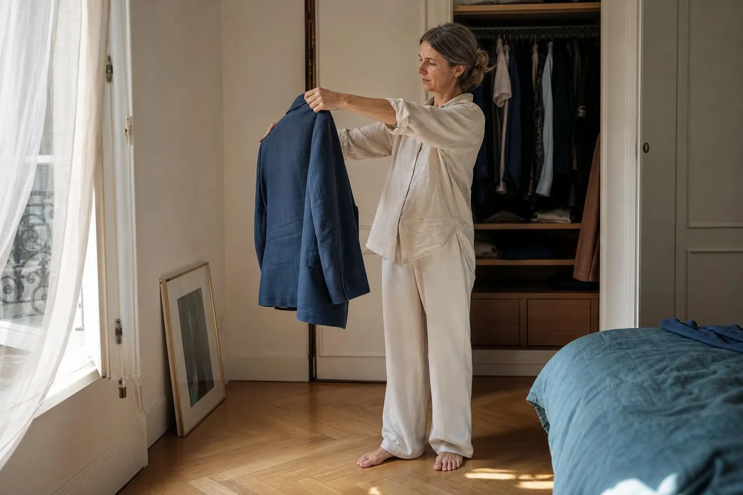 Femme d’une cinquantaine d’années debout devant sa penderie ouverte, une veste bleue tenue à bout de bras dans la lumière du matin
