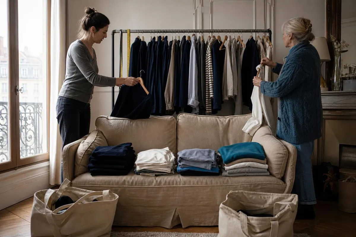 Deux femmes de quarante à soixante ans trient des vêtements sur un portant dans un salon, piles pliées et sacs de sortie posés au sol
